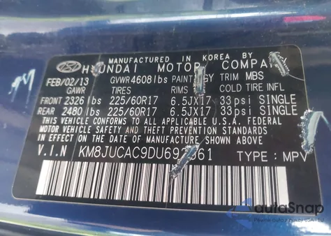 2013 Hyundai Tucson Gls z USA, uszkodzony, nr VIN KM8JUCAC9DU692661